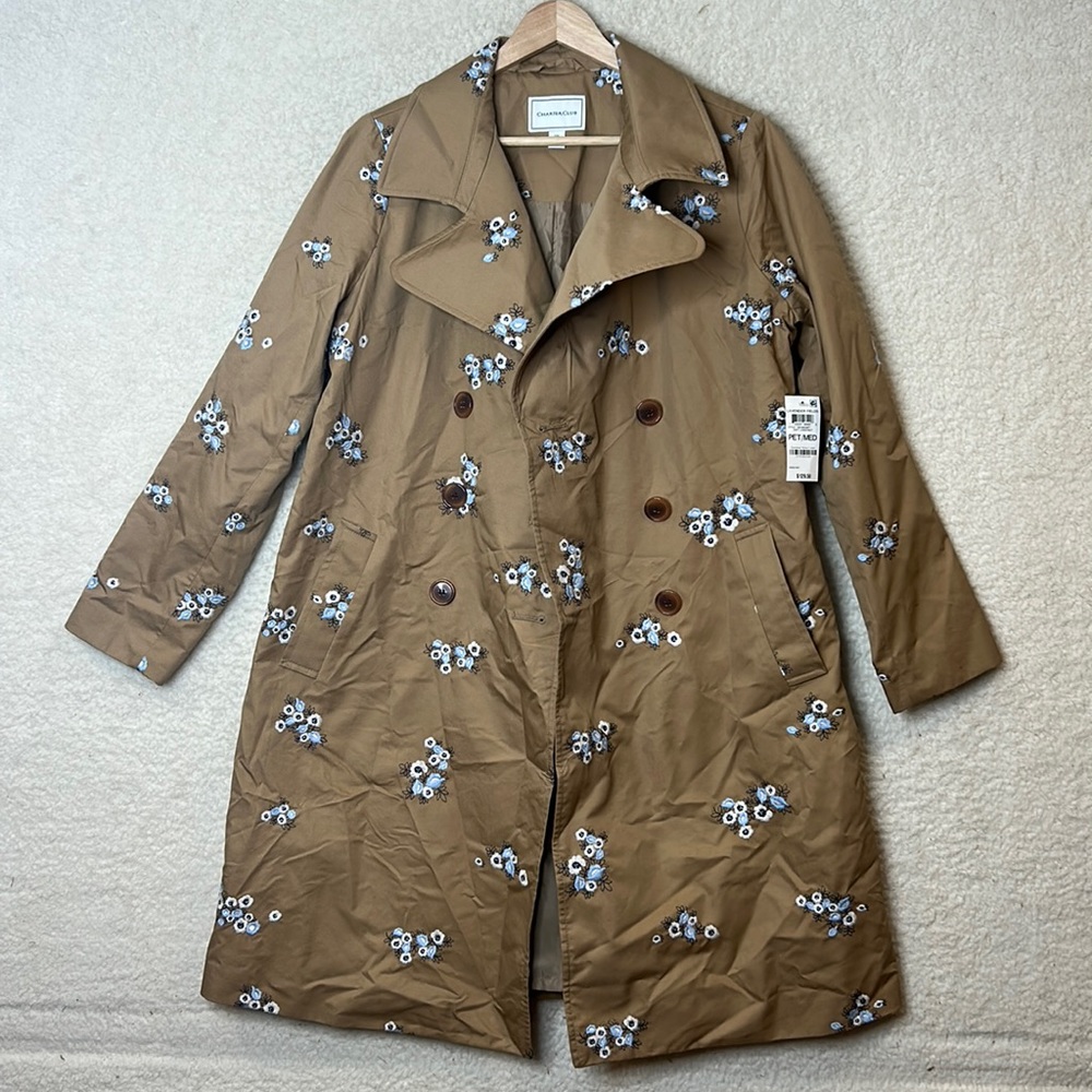 NWT Charter Club Womens Lavender Fields Soft Chestnut Blue Floral Coat PETITE M